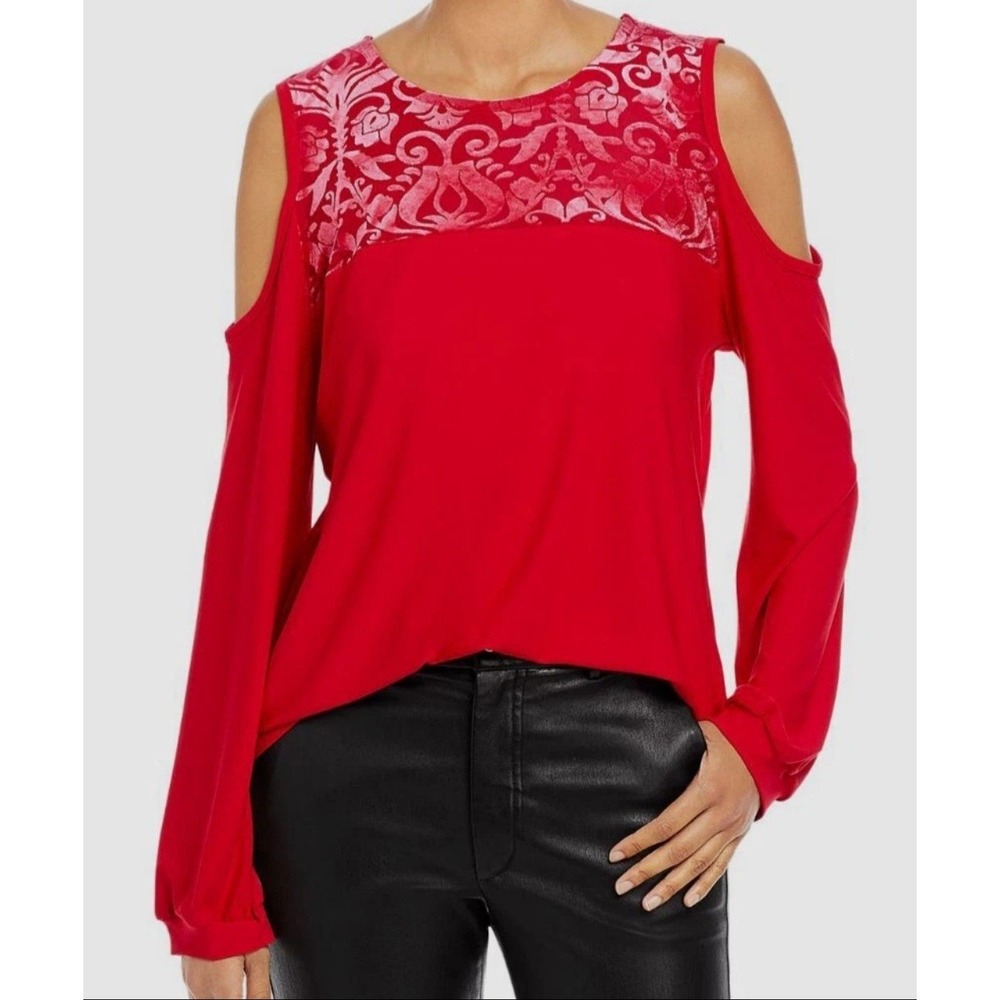 NWT Alison Andrews Blouse Women XL Red  Cold Shoulder Velvet Damask